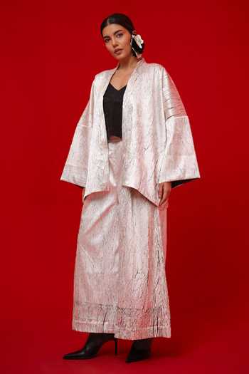 Stoique_White Silk Shawl Neck Muse Stripe Pattern Overlay Jacket _at_Aza_Fashions