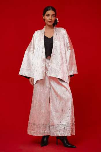 Buy_Stoique_White Silk Shawl Neck Muse Stripe Pattern Overlay Jacket 