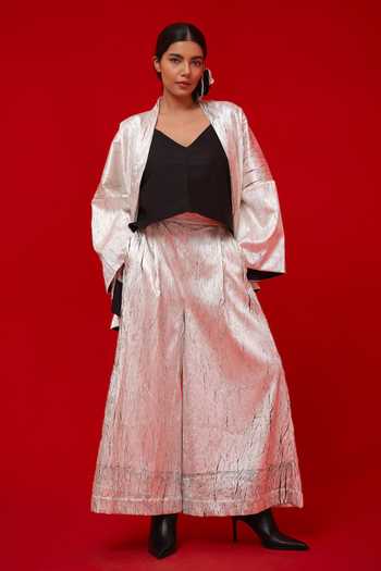 Shop_Stoique_White Silk Shawl Neck Muse Stripe Pattern Overlay Jacket 