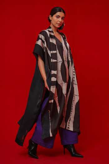 Stoique_Black Satin V-neck Discover Stripe Print Kaftan _Online_at_Aza_Fashions