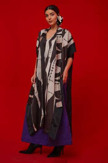 Shop_Stoique_Black Satin V-neck Discover Stripe Print Kaftan _Online_at_Aza_Fashions