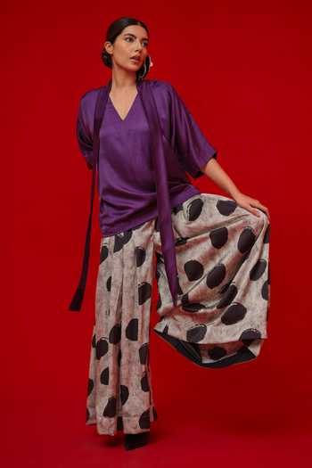 Stoique_Black Satin Embroidery Discover Printed Palazzo _at_Aza_Fashions