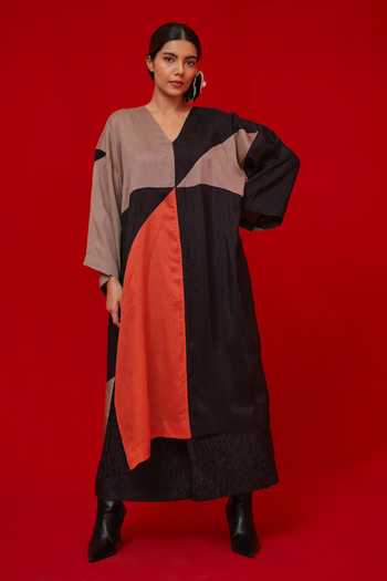 Stoique_Black Silk V-neck Ponder Colorblock Tunic _Online_at_Aza_Fashions
