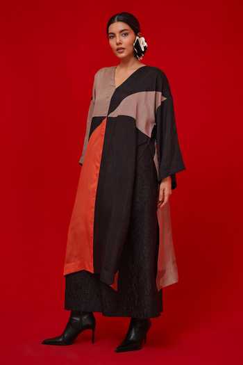 Buy_Stoique_Black Silk V-neck Ponder Colorblock Tunic _Online_at_Aza_Fashions
