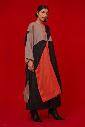 Stoique_Black Silk V-neck Ponder Colorblock Tunic _at_Aza_Fashions