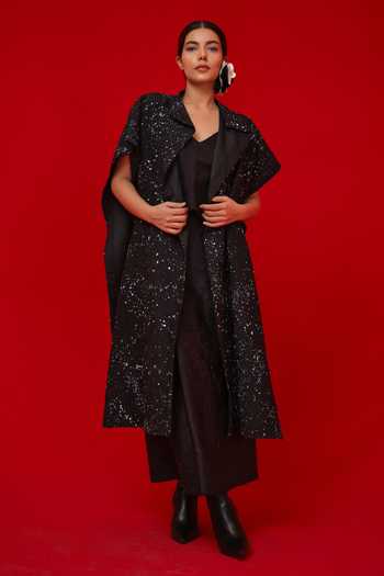 Buy_Stoique_Black Silk Embroidery Open Neck Moon Beam Overlay Jacket _Online_at_Aza_Fashions