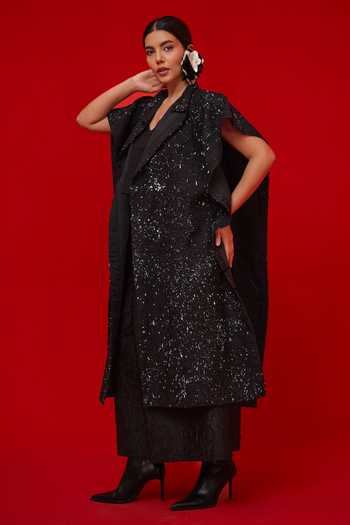 Shop_Stoique_Black Silk Embroidery Open Neck Moon Beam Overlay Jacket _Online_at_Aza_Fashions