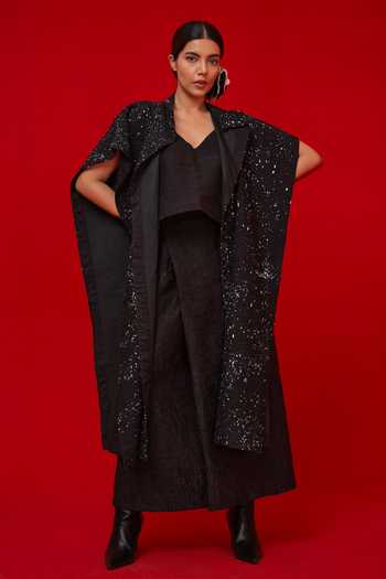 Stoique_Black Silk Embroidery Open Neck Moon Beam Overlay Jacket _at_Aza_Fashions