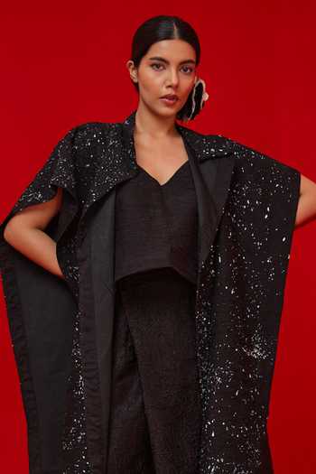 Shop_Stoique_Black Silk Embroidery Open Neck Moon Beam Overlay Jacket 