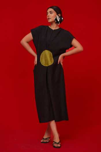 Stoique_Green Silk Round Neck Lane Crushed Dress _Online_at_Aza_Fashions