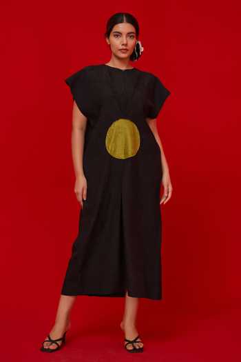 Shop_Stoique_Green Silk Round Neck Lane Crushed Dress _Online_at_Aza_Fashions