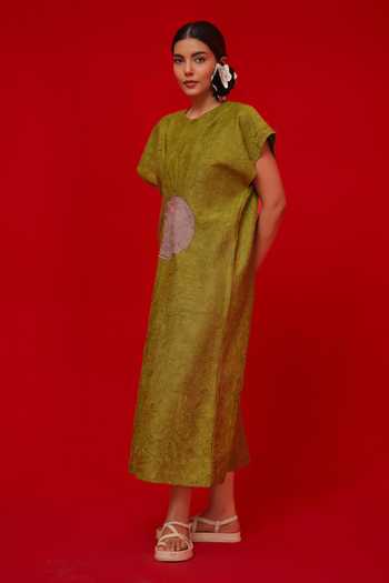Buy_Stoique_Green Silk Round Neck Lane Textured Pattern Dress _Online_at_Aza_Fashions