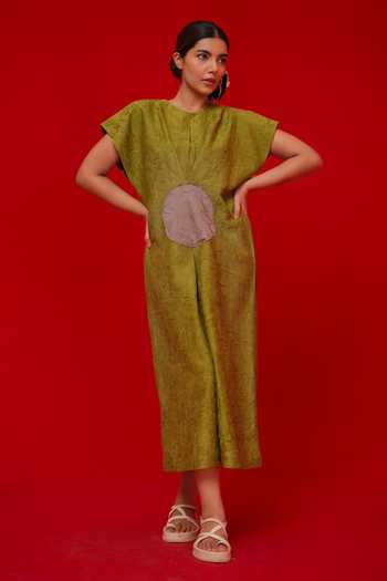 Shop_Stoique_Green Silk Round Neck Lane Textured Pattern Dress _Online_at_Aza_Fashions