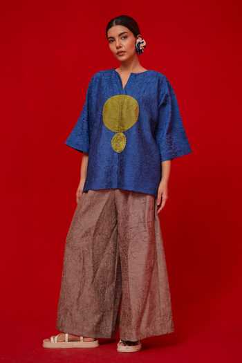 Shop_Stoique_Blue Silk Applique Split V-neck Textured Crushed Top _Online_at_Aza_Fashions