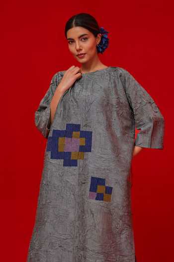 Shop_Stoique_Blue Silk Embroidery Round Neck Spring Patchwork Tunic _Online_at_Aza_Fashions