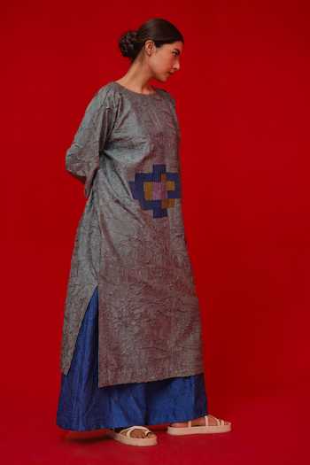 Stoique_Blue Silk Embroidery Round Neck Spring Patchwork Tunic _at_Aza_Fashions