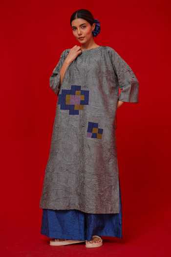 Buy_Stoique_Blue Silk Embroidery Round Neck Spring Patchwork Tunic 