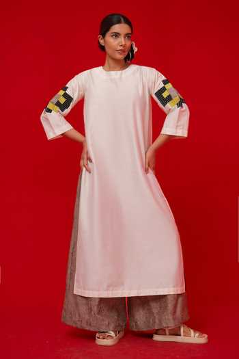 Buy_Stoique_Black Silk, Cotton Embroidery Round Neck Union Tunic _Online_at_Aza_Fashions