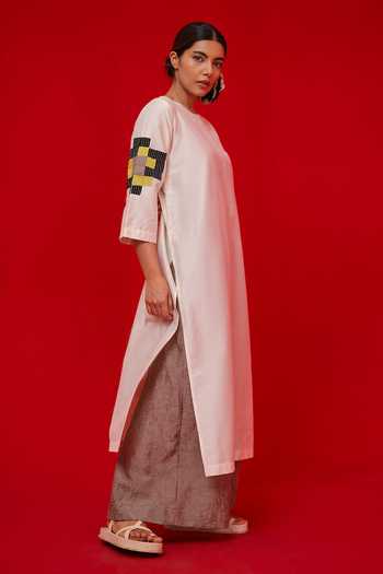 Stoique_Black Silk, Cotton Embroidery Round Neck Union Tunic _at_Aza_Fashions