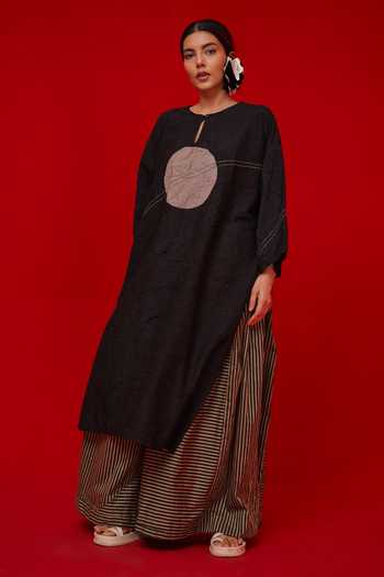 Stoique_Black Silk Applique Keyhole Neck Pepper Patchwork Embroidered Tunic _Online_at_Aza_Fashions