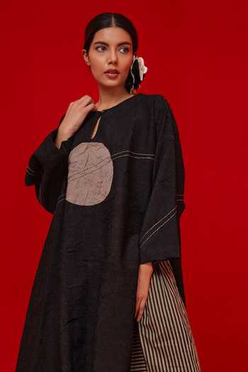 Stoique_Black Silk Embroidery Keyhole Neck Spring Patchwork Tunic _Online_at_Aza_Fashions