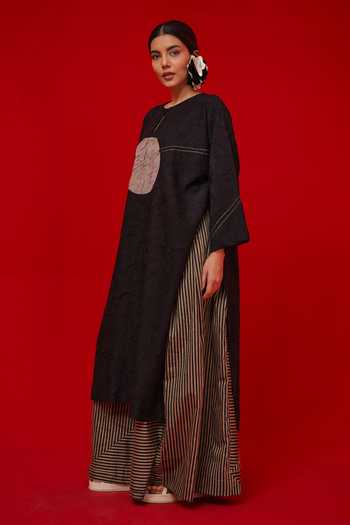 Shop_Stoique_Black Silk Embroidery Keyhole Neck Spring Patchwork Tunic _Online_at_Aza_Fashions