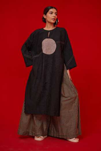 Stoique_Black Silk Embroidery Keyhole Neck Spring Patchwork Tunic _at_Aza_Fashions