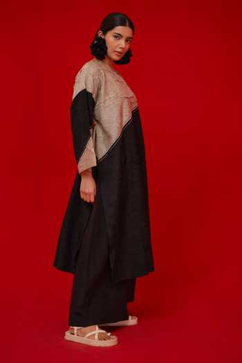 Stoique_Black Silk Keyhole Neck Salt Abstract Pattern Tunic _Online_at_Aza_Fashions