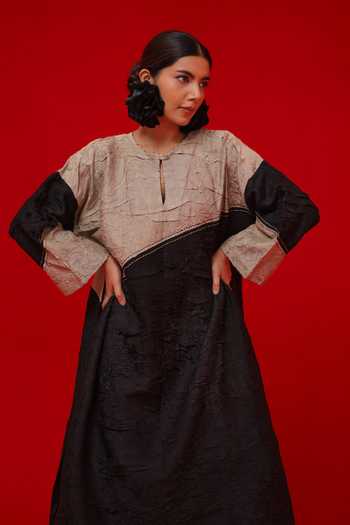 Buy_Stoique_Black Silk Keyhole Neck Salt Abstract Pattern Tunic 