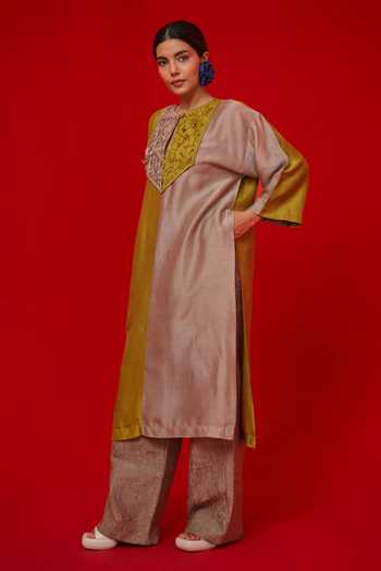 Stoique_Green Silk Embroidery Round Neck Opal Yoke Mysore Tunic _Online_at_Aza_Fashions