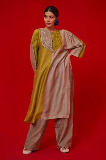 Shop_Stoique_Green Silk Embroidery Round Neck Opal Yoke Mysore Tunic _Online_at_Aza_Fashions
