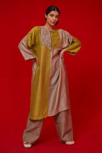 Stoique_Green Silk Embroidery Round Neck Opal Yoke Mysore Tunic _at_Aza_Fashions