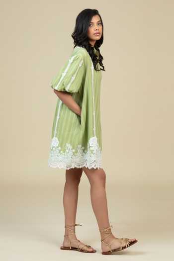 Bunka_Green Cotton Embroidery, Lace Mandarin Collar, Split V-neck Slava Short Dress _Online_at_Aza_Fashions