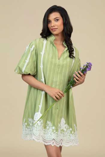 Buy_Bunka_Green Cotton Embroidery, Lace Mandarin Collar, Split V-neck Slava Short Dress _Online_at_Aza_Fashions
