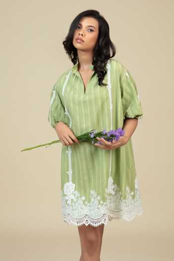 Shop_Bunka_Green Cotton Embroidery, Lace Mandarin Collar, Split V-neck Slava Short Dress _Online_at_Aza_Fashions