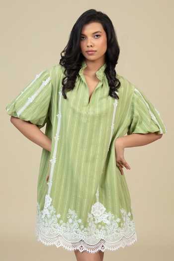Bunka_Green Cotton Embroidery, Lace Mandarin Collar, Split V-neck Slava Short Dress _at_Aza_Fashions