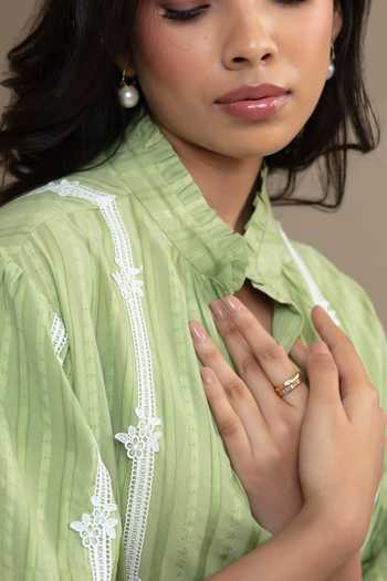 Buy_Bunka_Green Cotton Embroidery, Lace Mandarin Collar, Split V-neck Slava Short Dress 