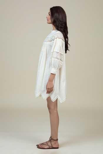 Bunka_Ivory Cotton Lace High Neck Lea Pleated Dress _Online_at_Aza_Fashions
