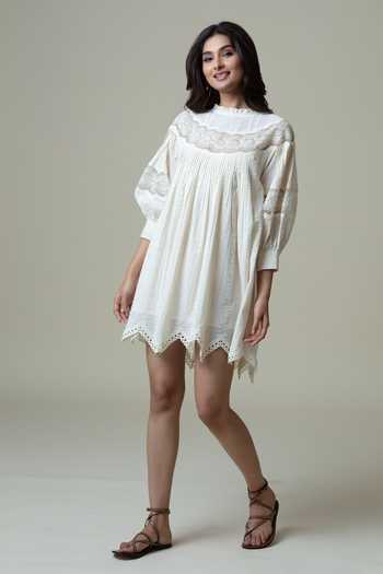 Buy_Bunka_Ivory Cotton Lace High Neck Lea Pleated Dress _Online_at_Aza_Fashions