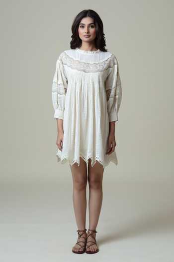 Shop_Bunka_Ivory Cotton Lace High Neck Lea Pleated Dress _Online_at_Aza_Fashions