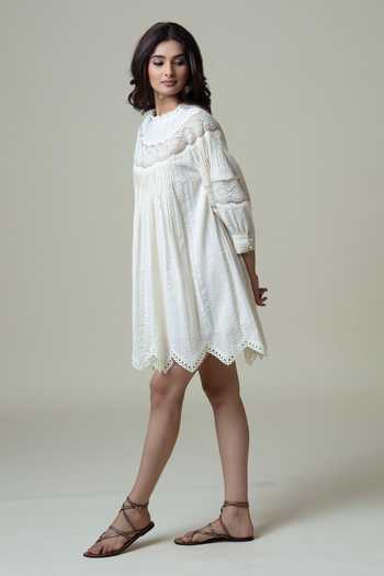 Bunka_Ivory Cotton Lace High Neck Lea Pleated Dress _at_Aza_Fashions
