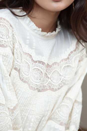 Shop_Bunka_Ivory Cotton Lace High Neck Lea Pleated Dress 