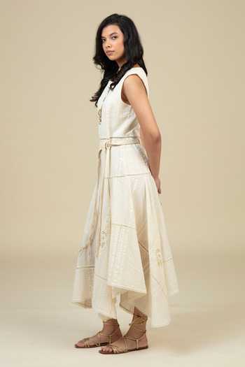Bunka_Ivory Cotton Lace, Tassels Round Neck Denise Dress And Belt Set _Online_at_Aza_Fashions