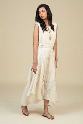 Buy_Bunka_Ivory Cotton Lace, Tassels Round Neck Denise Dress And Belt Set _Online_at_Aza_Fashions