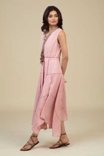 Bunka Pink Cotton Embroidery, Lace, Beads, Tassels Round Neck Denise Dress And Belt Set Online at Aza Fashions Bunka_Pink Cotton Embroidery, Lace, Beads, Tassels Round Neck Denise Dress And Belt Set _Online_at_Aza_Fashions