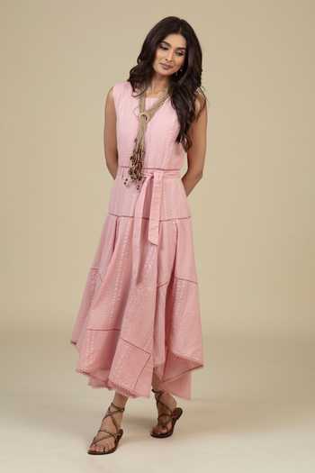 Buy Bunka Pink Cotton Embroidery, Lace, Beads, Tassels Round Neck Denise Dress And Belt Set Online at Aza Fashions Buy_Bunka_Pink Cotton Embroidery, Lace, Beads, Tassels Round Neck Denise Dress And Belt Set _Online_at_Aza_Fashions