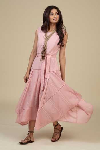 Shop Bunka Pink Cotton Embroidery, Lace, Beads, Tassels Round Neck Denise Dress And Belt Set Online at Aza Fashions Shop_Bunka_Pink Cotton Embroidery, Lace, Beads, Tassels Round Neck Denise Dress And Belt Set _Online_at_Aza_Fashions