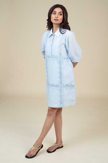 Bunka_Blue Cotton, Linen Embroidery Collared Isa Dress _Online_at_Aza_Fashions