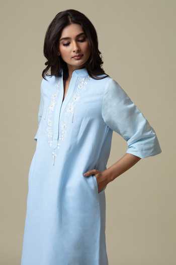 Bunka_Blue Cotton, Linen Embroidery Mandarin Collar Anaya Dress _Online_at_Aza_Fashions