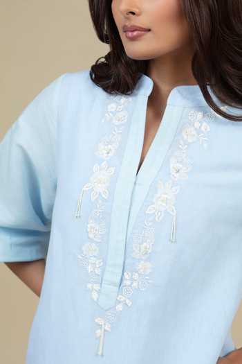Buy_Bunka_Blue Cotton, Linen Embroidery Mandarin Collar Anaya Dress _Online_at_Aza_Fashions